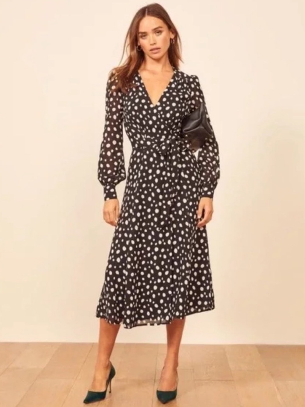 NWT Reformation Susanna Black & White Polka Dot Wrap Midi Dress
